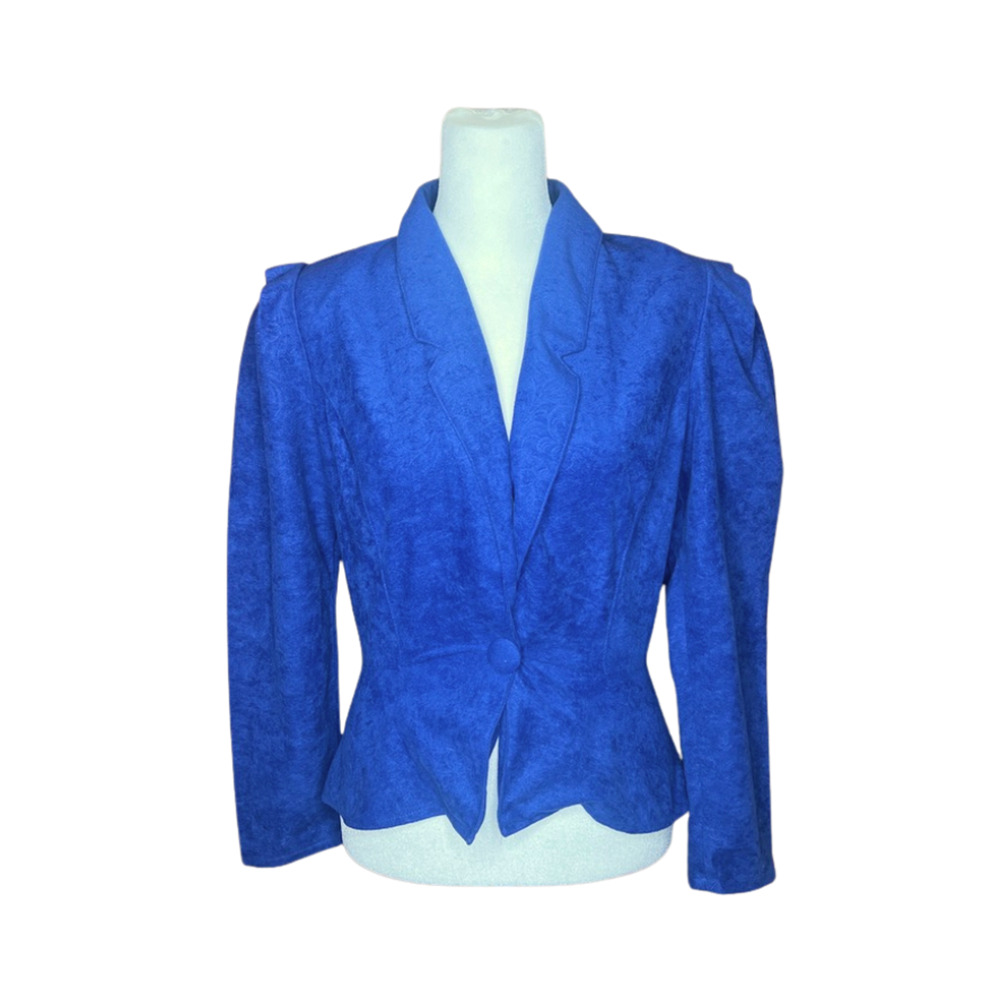 Vtg 80s Byer Too Royal Blue Blazer Floral Peplum Formal Office Retro Rockabilly